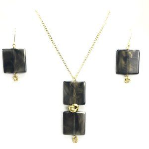 Gold Danish Knot & Square Brown Pendant & Earrings